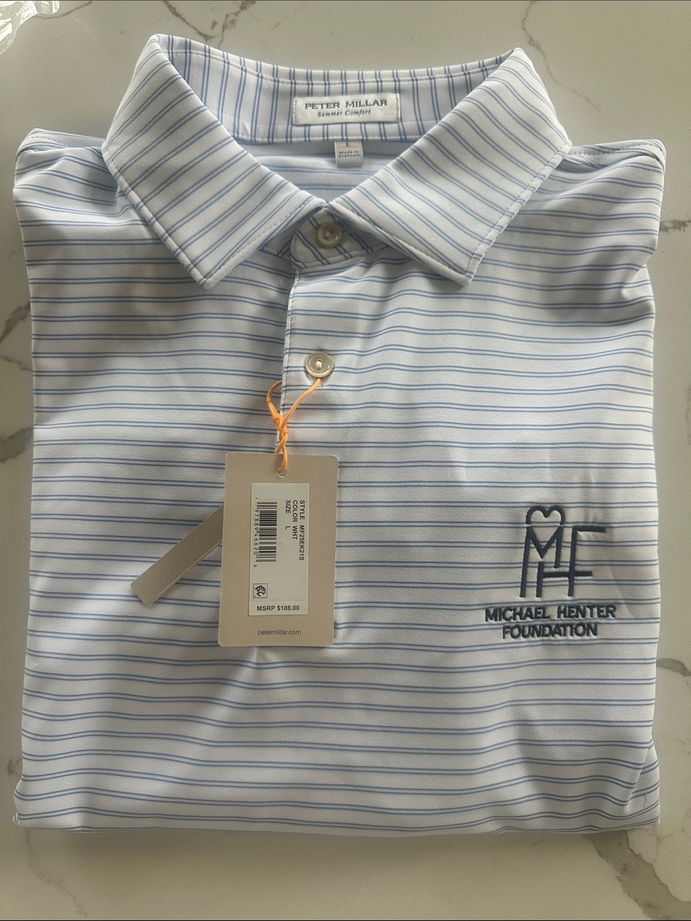Peter Millar Light Blue Striped Polo – Michael Henter Foundation Embroidered